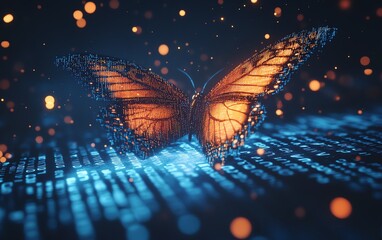 Leinwandbilder - Pixelated butterfly emerging from binary code, representing digital transformation, hyperrealistic depiction of technological and business evolution, futuristic themes