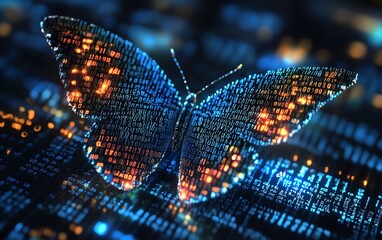 Leinwandbilder - Pixelated butterfly emerging from binary code, representing digital transformation, hyperrealistic depiction of technological and business evolution, futuristic themes