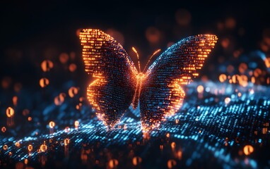 Leinwandbilder - Pixelated butterfly emerging from binary code, representing digital transformation, hyperrealistic depiction of technological and business evolution, futuristic themes