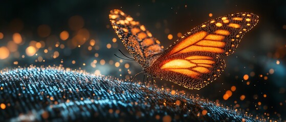 Poster - The evolution of technology and business, pixelated butterfly emerging from binary code, hyperrealistic digital transformation concept, modern, futuristic visual