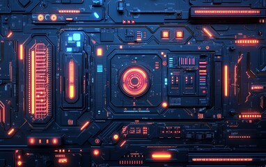 Poster - Blue digital technology background with mechanical components, detailed circuit board design, glowing neon elements, hyperrealistic textures, hightech aesthetic