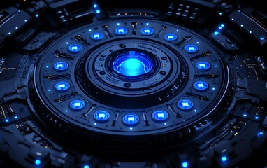Poster - Blue digital technology background with mechanical components, detailed circuit board design, glowing neon elements, hyperrealistic textures, hightech aesthetic