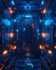 Fototapete - Blue digital technology background, mechanical elements and circuits, hyperrealistic design, glowing neon patterns, futuristic digital textures and reflections