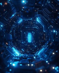 Fototapete - Blue digital technology background, mechanical elements and circuits, hyperrealistic design, glowing neon patterns, futuristic digital textures and reflections