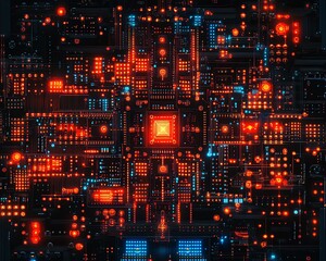 Fototapete - Complex abstract circuit patterns illuminated with neon lights, highlighting intricate technology details and advanced electronic hardware