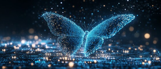 Poster - Digital transformation concept, pixelated butterfly emerging from binary code, hyperrealistic symbolism of technology evolution, business growth, futuristic design