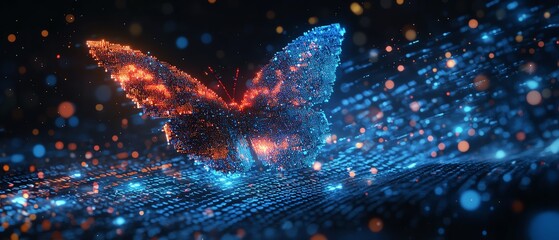 Poster - Digital transformation concept, pixelated butterfly emerging from binary code, hyperrealistic symbolism of technology evolution, business growth, futuristic design