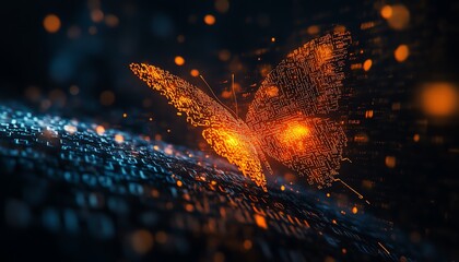Leinwandbilder - Digital transformation symbolism, pixelated butterfly emerging from flowing binary code, hyperrealistic technology evolution, business advancement through innovation