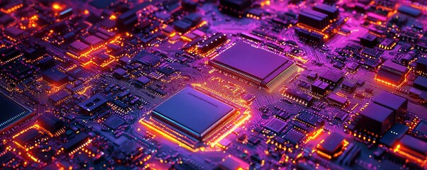 Poster - Futuristic abstract technology artwork showcasing intricate, glowing circuit patterns and electronic components in hyperrealistic detail on a digital circuit board