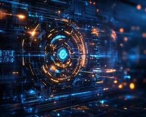 Poster - Hyperrealistic blue digital technology background, mechanical gears and circuit board patterns, glowing elements, modern futuristic design, sleek tech visuals
