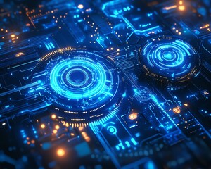 Poster - Hyperrealistic blue digital technology backdrop, mechanical gears, intricate circuit board layout, illuminated digital lines, futuristic and sleek tech environment