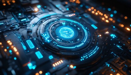 Poster - Hyperrealistic blue digital technology background, mechanical gears and circuit board patterns, glowing elements, modern futuristic design, sleek tech visuals