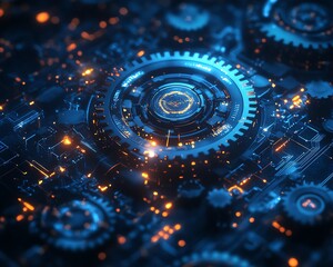 Aufkleber - Hyperrealistic blue digital technology background, mechanical gears and circuit board patterns, glowing elements, modern futuristic design, sleek tech visuals