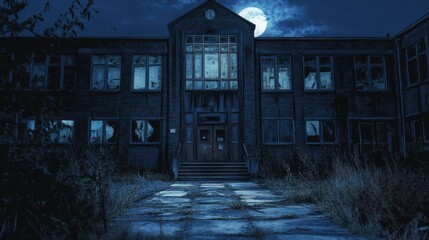 Abandoned Brick School Building Under Night Sky