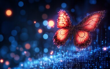 Leinwandbilder - Hyperrealistic digital transformation concept, pixelated butterfly flying out of binary code, symbolizing the evolution of technology and business, futuristic aesthetic