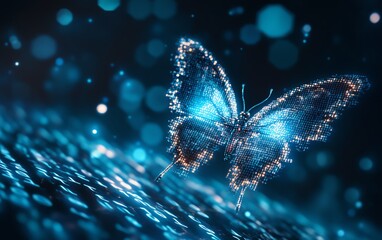 Leinwandbilder - Hyperrealistic digital transformation concept, pixelated butterfly flying out of binary code, symbolizing the evolution of technology and business, futuristic aesthetic