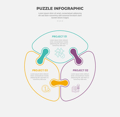 puzzle infographic outline style with 3 point template with round shape on circle with join connection for slide presentation