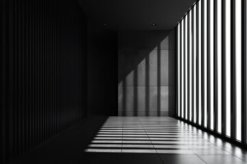 Fototapete - Abstract black and white interior background with concrete walls, floor, and ceiling, a minimalism concept. Black room interior design of modern architecture in the light from the window