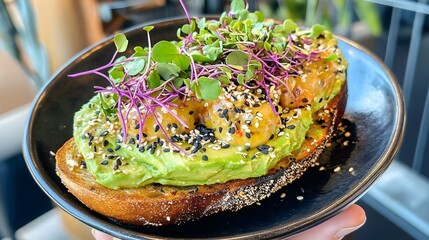 A photo of a person holding an avocado toast topped with microgreens and seeds.