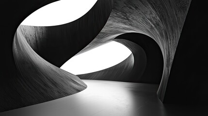 Fototapete - Abstract black and white interior background with concrete walls, floor, and ceiling, a minimalism concept. Black room interior design of modern architecture in the light from the window