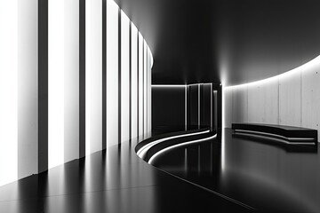 Fototapete - Abstract black and white interior background with concrete walls, floor, and ceiling, a minimalism concept. Black room interior design of modern architecture in the light from the window