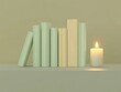 © Ayasha - Soothing Study Nook: Flickering Candlelight Over Turquoise Books on Light Wooden Desk Brings Serenity and Peaceful Energy to the Space