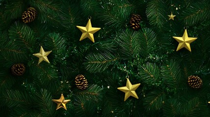 Sticker - Lush green Christmas tree branches adorned with golden stars and pine cones.