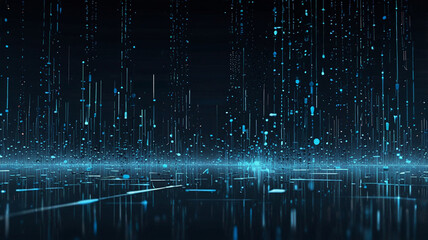 Abstract digital data stream, glowing lines and particles falling on dark background.