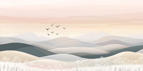 Wall Mural - Peaceful sunrise over rolling hills, birds in flight, calming landscape. Home decor, wall art.