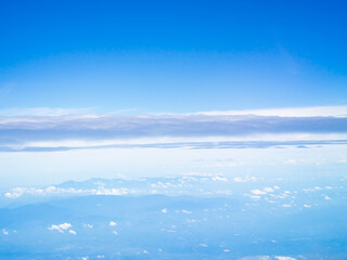 Cloud sky above view airplane flight, blue horizon day landacapce clean heaven skyline, view window air fly aerial transportation travel tourist, nature change environment ecosystem freedom.