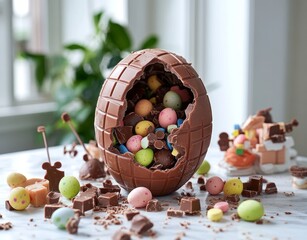 Cracked chocolate Easter egg revealing colorful candies and treats on a festive table indoors