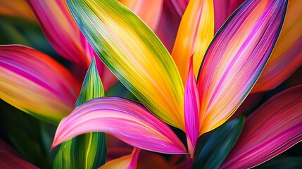 Poster - Vibrant close-up of colorful tropical plant leaves with pink, yellow, and green hues.