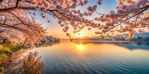 Wall Mural - Sunlight filtering through blooming cherry blossoms along the shores of a serene lake at dawn , bodensee, lake