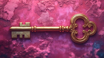 Antique gold skeleton key on pink textured background.