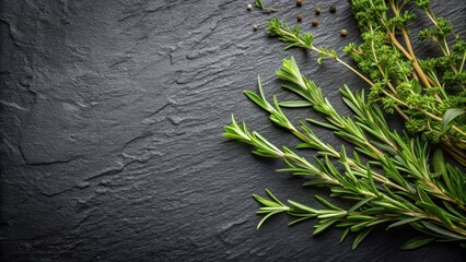 Aromatic herbs scattered on a dark black stone surface, with sprigs of fresh rosemary and thyme entwined , black stone background, botanicals