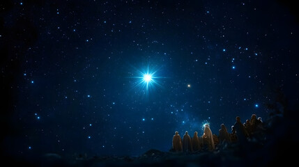 Wall Mural - bright shining star of bethlehem on dark blue starry night sky. star of jesus, christmas star. nativ