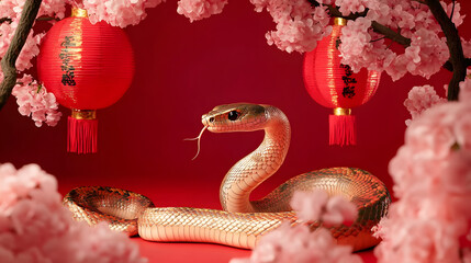 Wall Mural - beautiful golden wavy snake on red background with cherry blossom flowers and asian lanterns. happy 