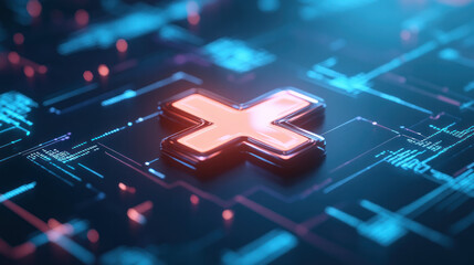 Fototapete - glowing cross symbol on digital circuit background, representing technology and innovation