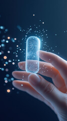 Aufkleber - glowing capsule held in hand, surrounded by sparkling particles, symbolizes innovation and health