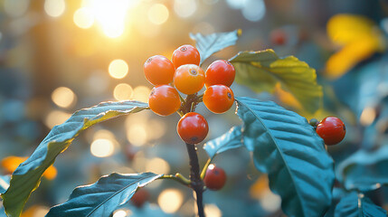 Wall Mural - Ripe coffee cherries on branch at sunset. (1)