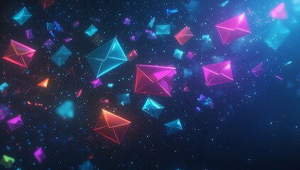 Wall Mural - glowing geometric envelopes floating in dark space.