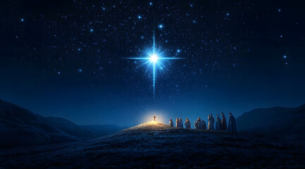 Wall Mural - bright shining star of bethlehem on dark blue starry night sky. star of jesus, christmas star. nativ