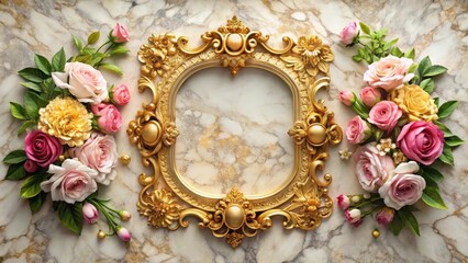 Wall Mural - A golden frame with intricate designs surrounds a beautiful floral arrangement on a marble background , classic design, ornate details