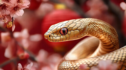 Wall Mural - beautiful golden wavy snake on red background with cherry blossom flowers and asian lanterns. happy 