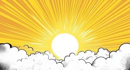 A yellow and white comic book-style background with halftone dots, white clouds at the bottom of the frame, a bright sun in the center