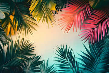 Wall Mural - Vintage frame made of palm leaves. Tropical background with copy space in gradient colors. Summer party, travel, holiday, vacation. Border for banner, poster, invitation