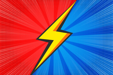 Wall Mural - Comic book superhero background with blast. Pop art retro vector frame with boom effect. Red and blue compare sunburst striped bright poster with halftone texture.