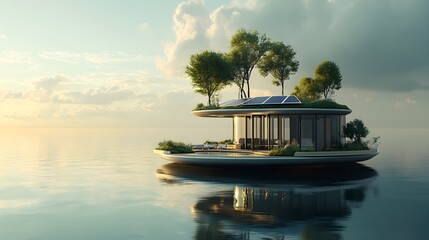 A photo of a solar-powered floating city on a calm, reflective ocean.