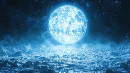 Wall Mural - ethereal frozen moon landscape: a cosmic winter scene. mystical night sky, celestial bodies, and icy