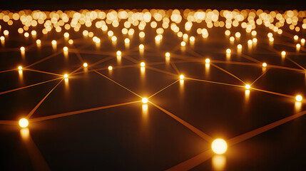 Illuminated network of glowing spheres on dark surface